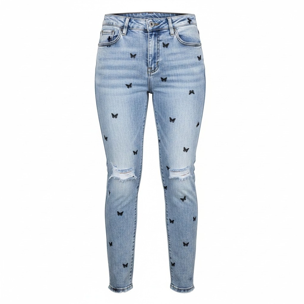 Material Girl Womens Butterfly Embroidered Distressed Skinny Jeans Light Wash 9